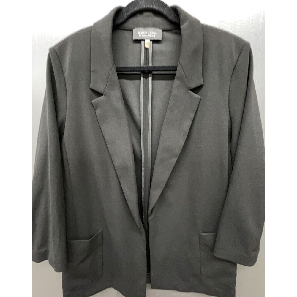 Black Label Evan-Picone Blazer Women L Black Stretch Mid Length‎ Open Jacket
